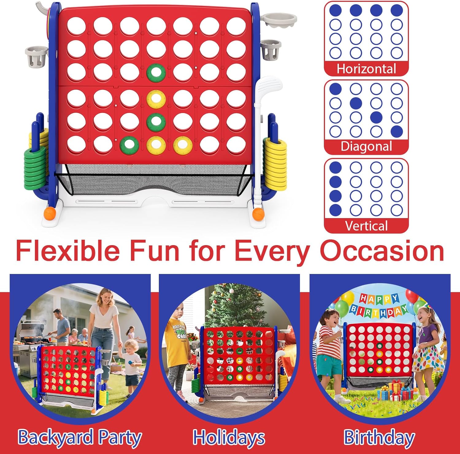 OLAKIDS Giant Connect Game Outdoor, 4 in A Row with Adjustable Height, Mesh Net, Carry Bag, Golf, Basketball Hoop, Ring Toss, Cup Holder for Kids Adults Indoor Backyard (Red)