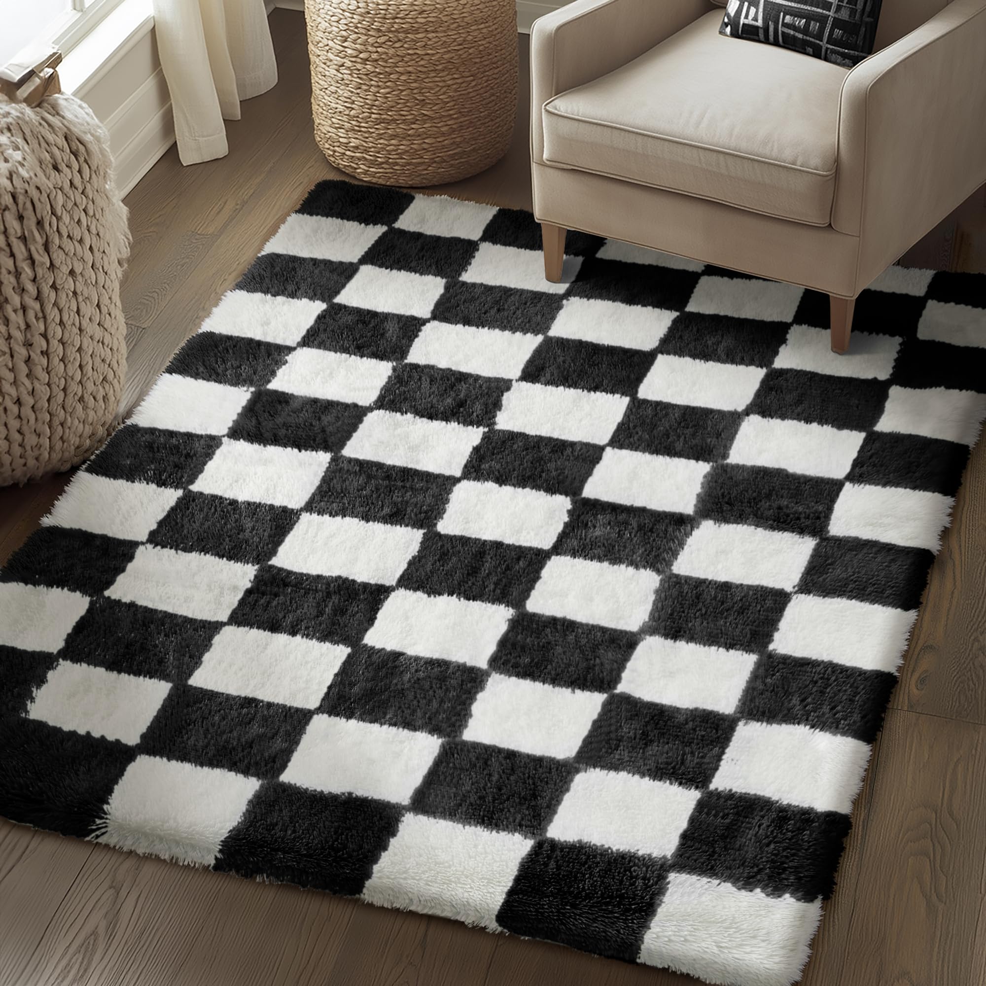 HUGEAR Kariert Flauschig Teppich Wohnzimmer 140x200 Teppiche Schwarz Weiß Shaggy rutschfest Kinderzimmer Mädchen Junge Carpet Schlafzimmer Hochflor Weich Groß Carpets