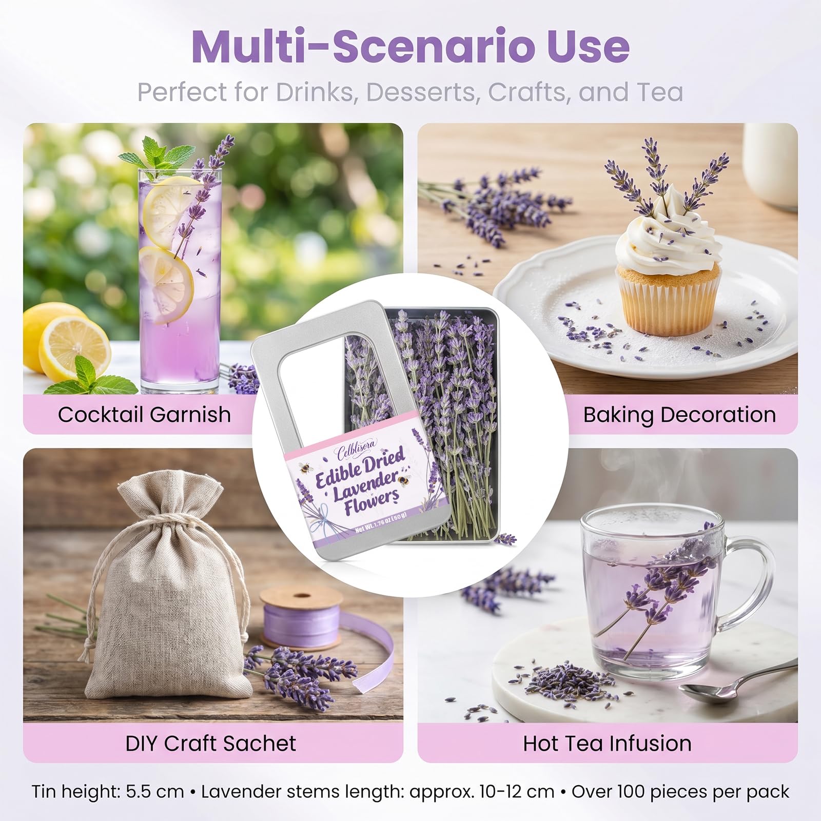 100+ Essbare Lavendelzweige für Cocktails (50 g),Kulinarischer Lavendel für Desserts,Tee,DIY Bastelarbeiten-Lavender Plant Getränkegarnitur für Partys