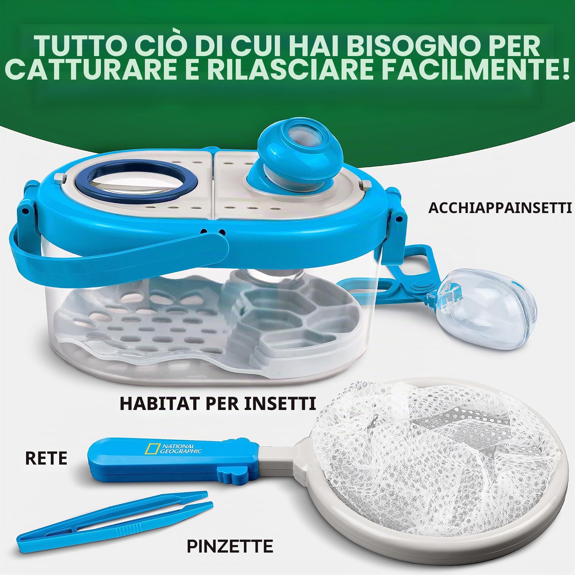 NATIONAL GEOGRAPHIC Kit Cattura Insetti per Bambini - Habitat Con Visualizzatore Ingrandito, Raccoglitore, Pinzette e Guida All'apprendimento - Giocattoli Educativi