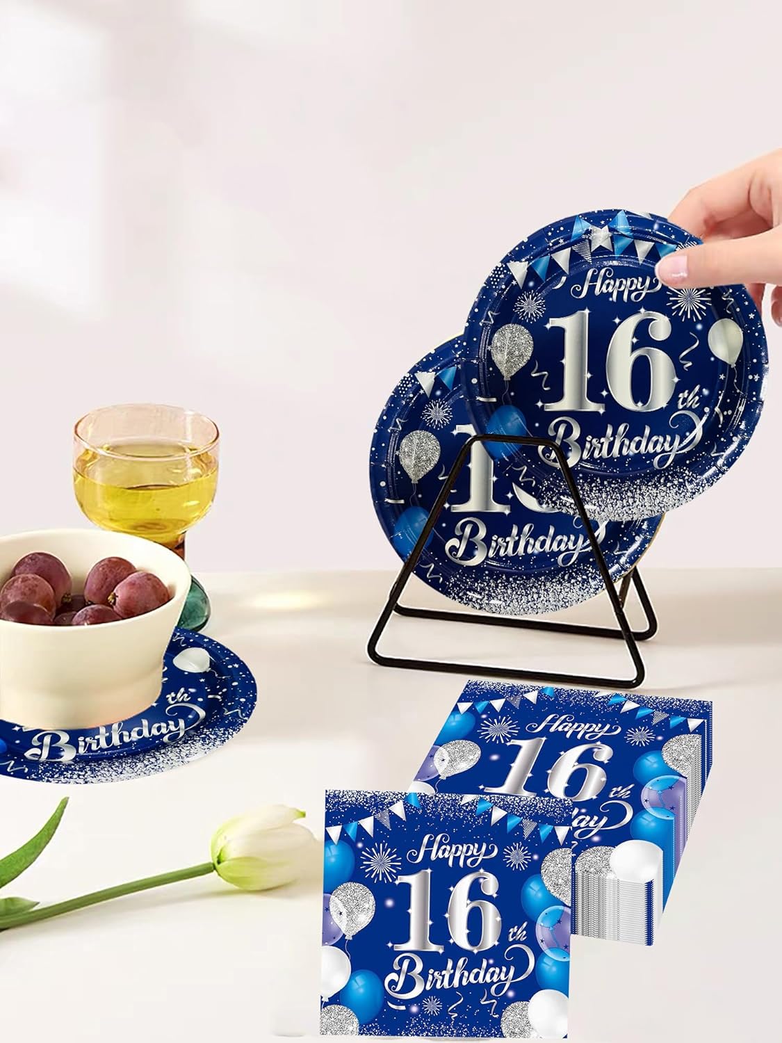 40PCS 16 Year Old Youth Birthday Party Set, including Navy Blue 7-inch Dessert Plate and 16th Birthday Napkins, suitable for 20 guests to attend boys and girls' birthday parties - Image 9