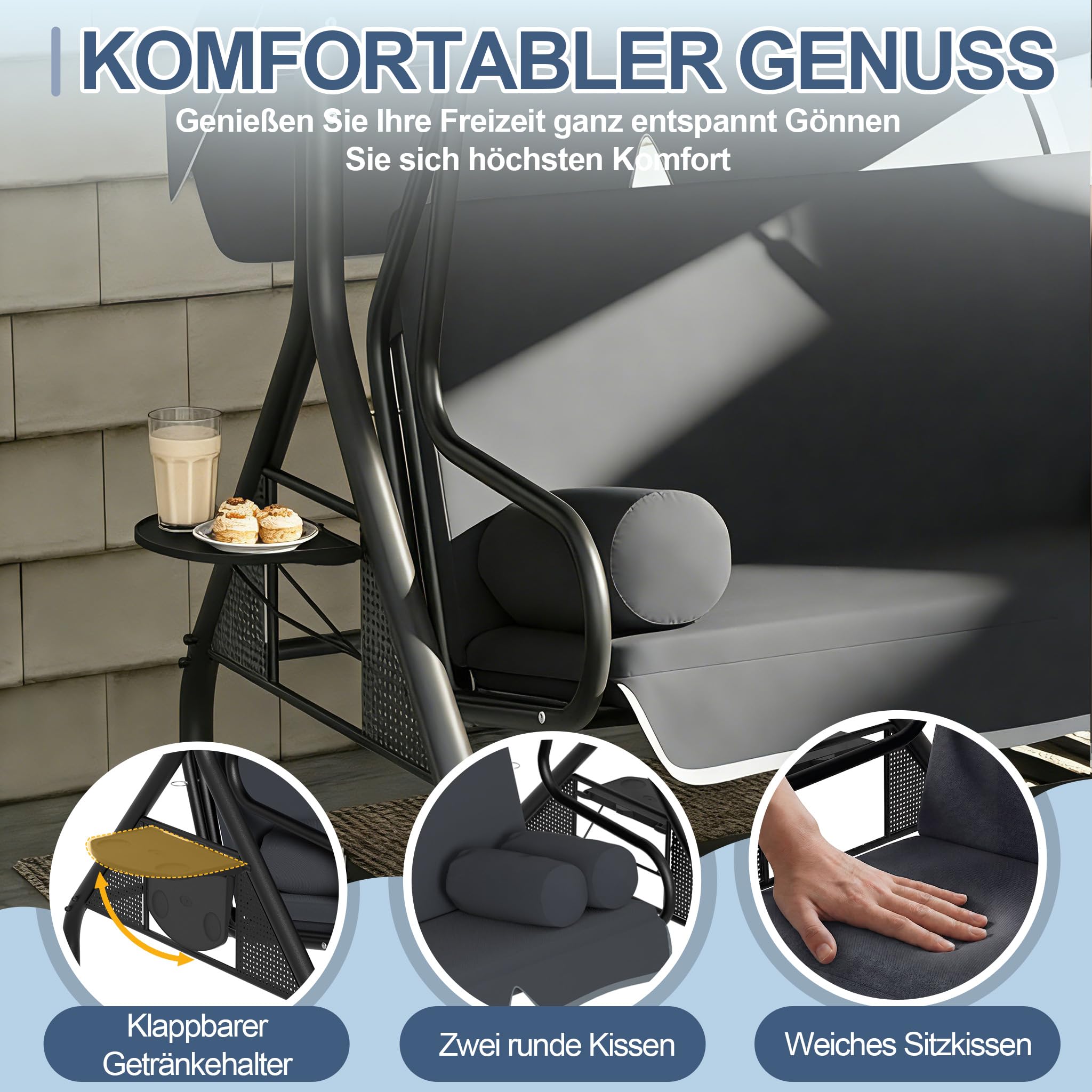 XMTECH Hollywoodschaukel 3-Sitzer mit Liegefunktion & verstellbarem Sonnendach, Gartenschaukel mit Seitentischen & Kissen, Schaukelbank Garten Terrasse, bis 350 kg, 185 x 113 x 163 cm, Anthrazit