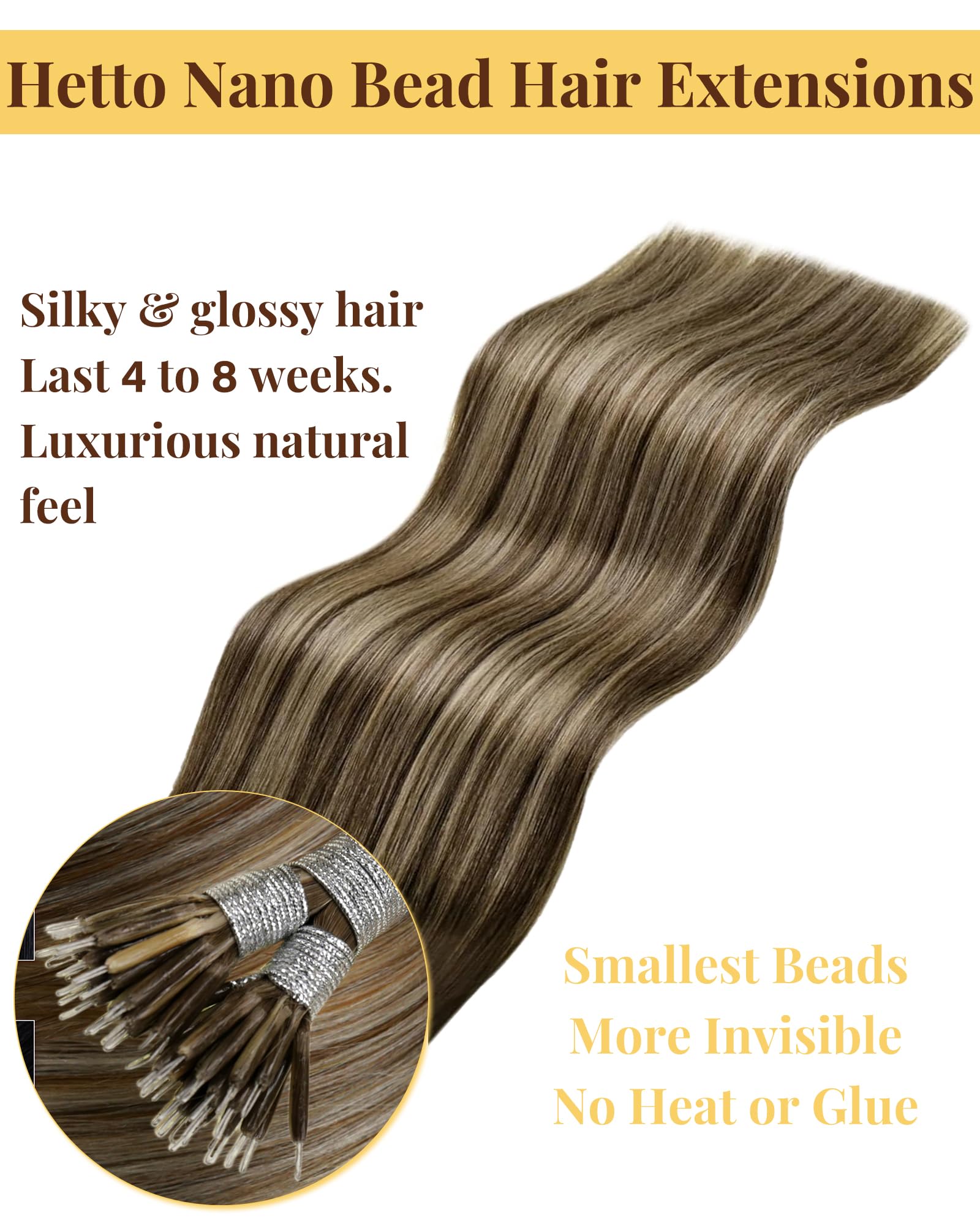 Hetto Nano Hair Extensions Real Human Hair Brown Highlights Blonde 16 Inch, Invisible Nano Beads Human Hair - Image 4