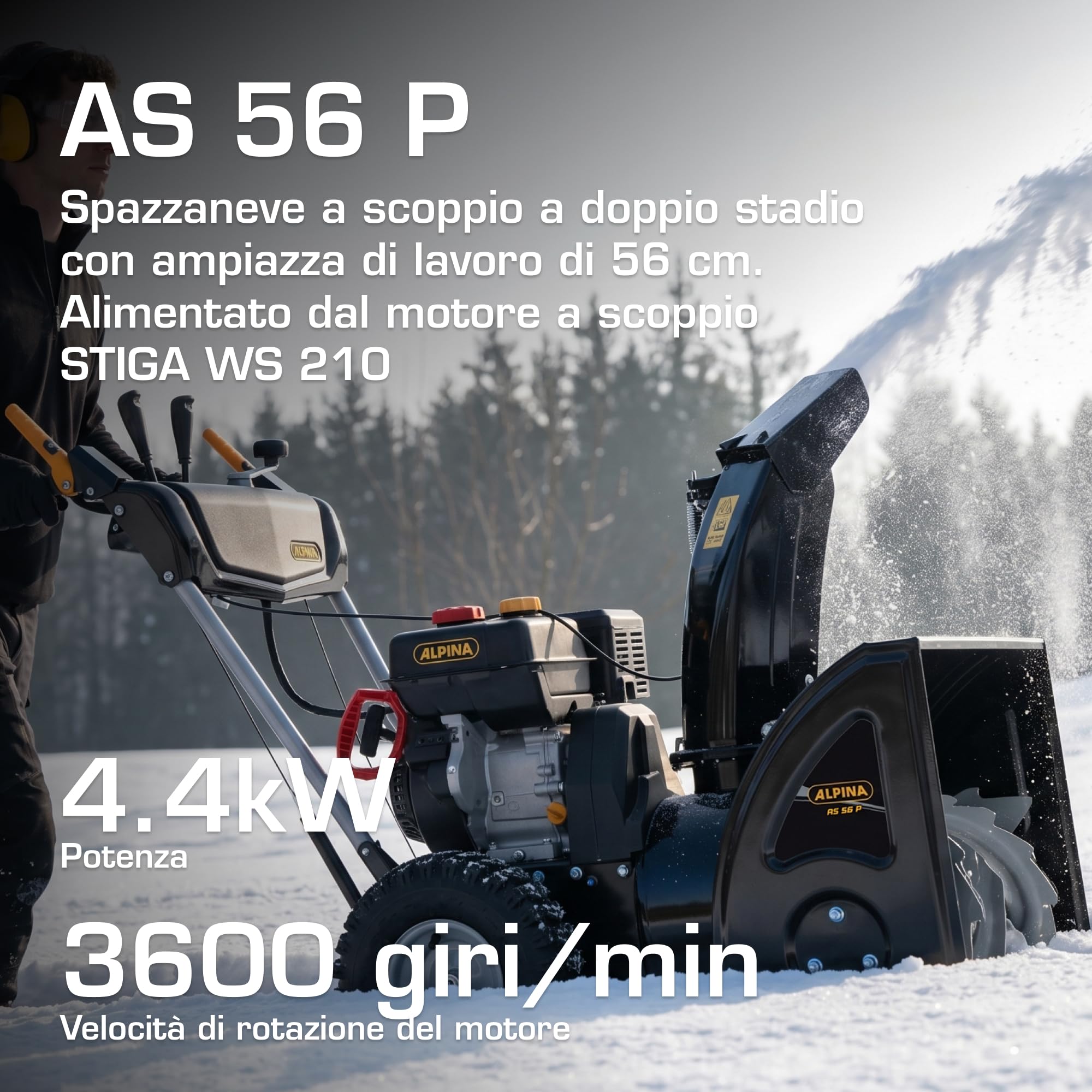 Alpina AS 56 P Spazzaneve a Scoppio, 212 cc, 56 cm – Sistema Doppio Stadio, 5 Marce Avanzamento + 2 Retromarcia – Per Vialetti e Aree Medio-Grandi