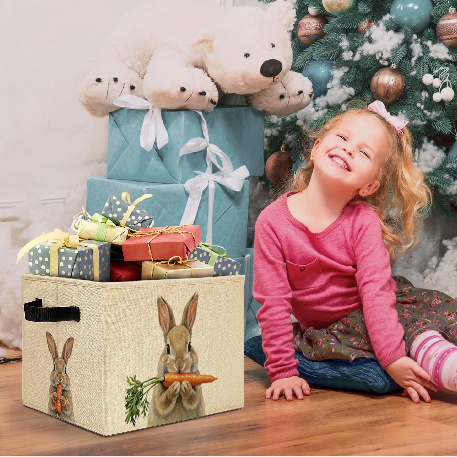 Rustic Easter Carrot Bunny Storage Bins Box with Handles, Farmhouse Rabbit Eating Carrots Laundry Basket Hamper Collapsible Clothes Toys Organizer for Girls Nursery Bedroom Bathroom