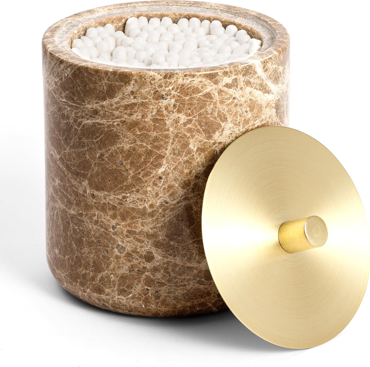 WORHE Marble Qtip Holder with Brass Lid for Cotton Swabs,Balls,Pads,Floss Picks Large Capacity Marble Apothecary Jar for Bathroom Essentials Decor, Vanity Makeup Storage Organizer Light Brown (WH080)