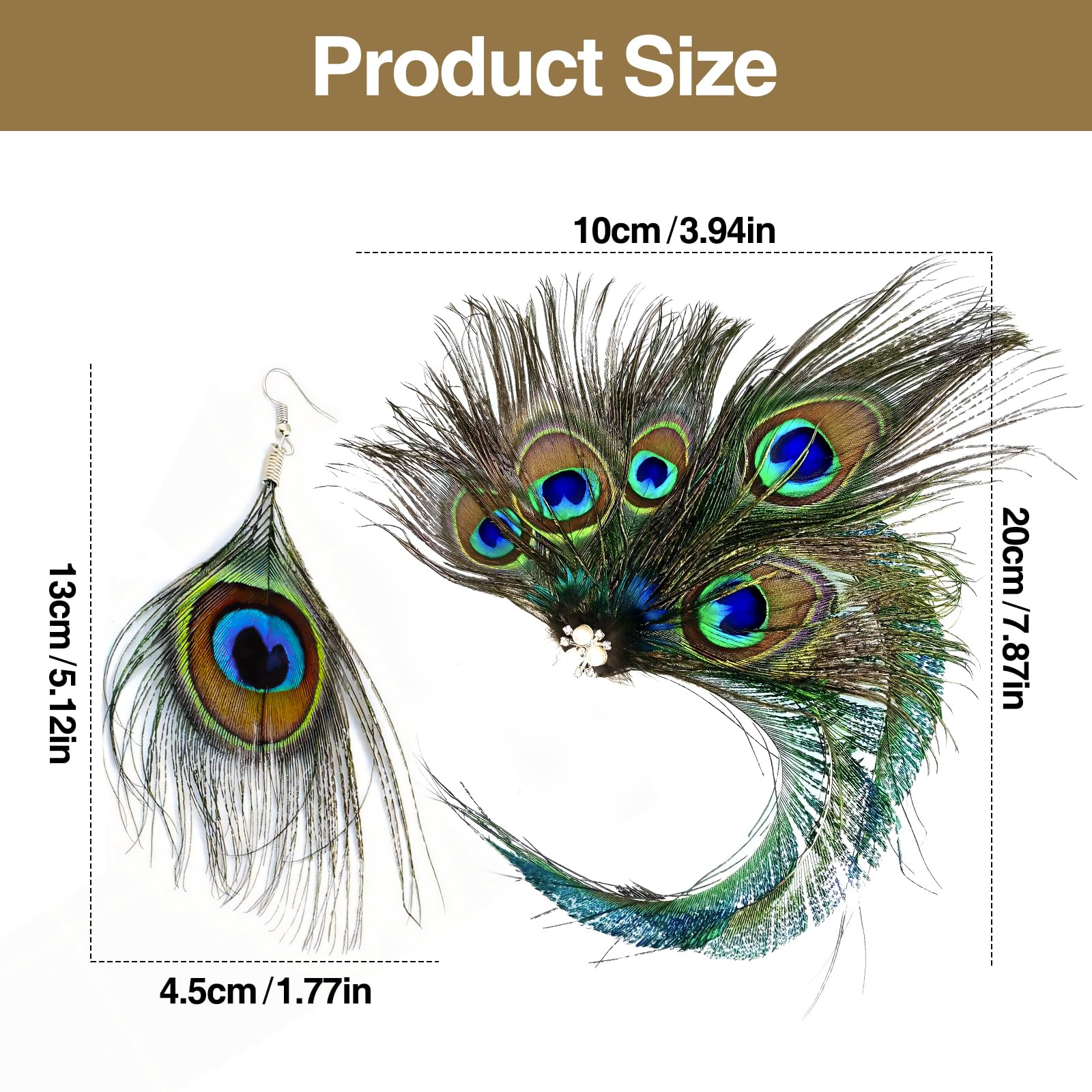 3Pcs Peacock Feathers Set, Feather Hair Clip and Earrings, Vintage Headband Hair Clip for 1920s Theme Parties, Carnivals - Image 2