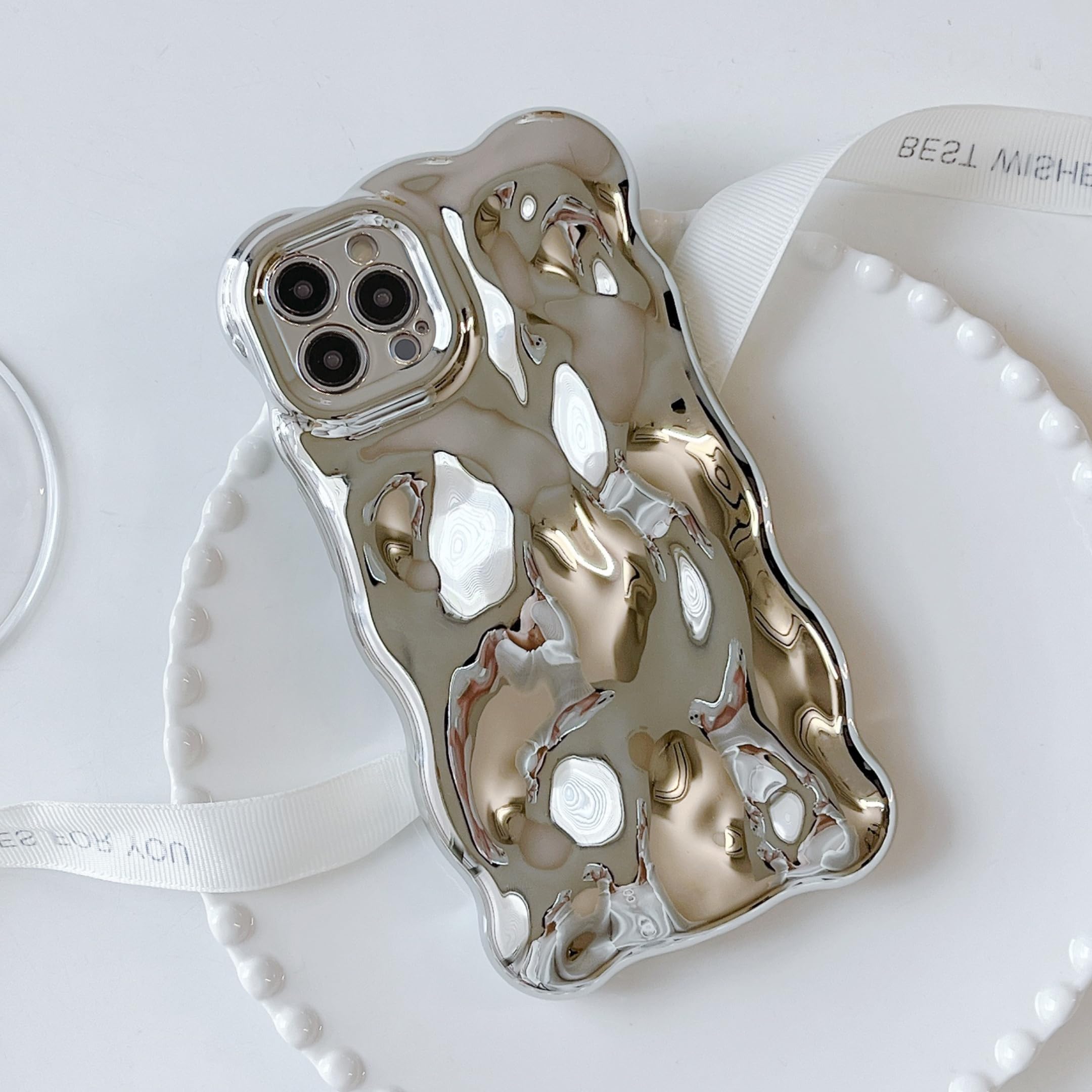 UEEBAI Case for iPhone 15 Pro Max 6.7 inch, Cute Solid Color Curly Wave Shape Shockproof Soft Bumper Phone Case, Candy Water Ripple 3D Silicon Slim Pretty Case Aesthetic Cover, Silver