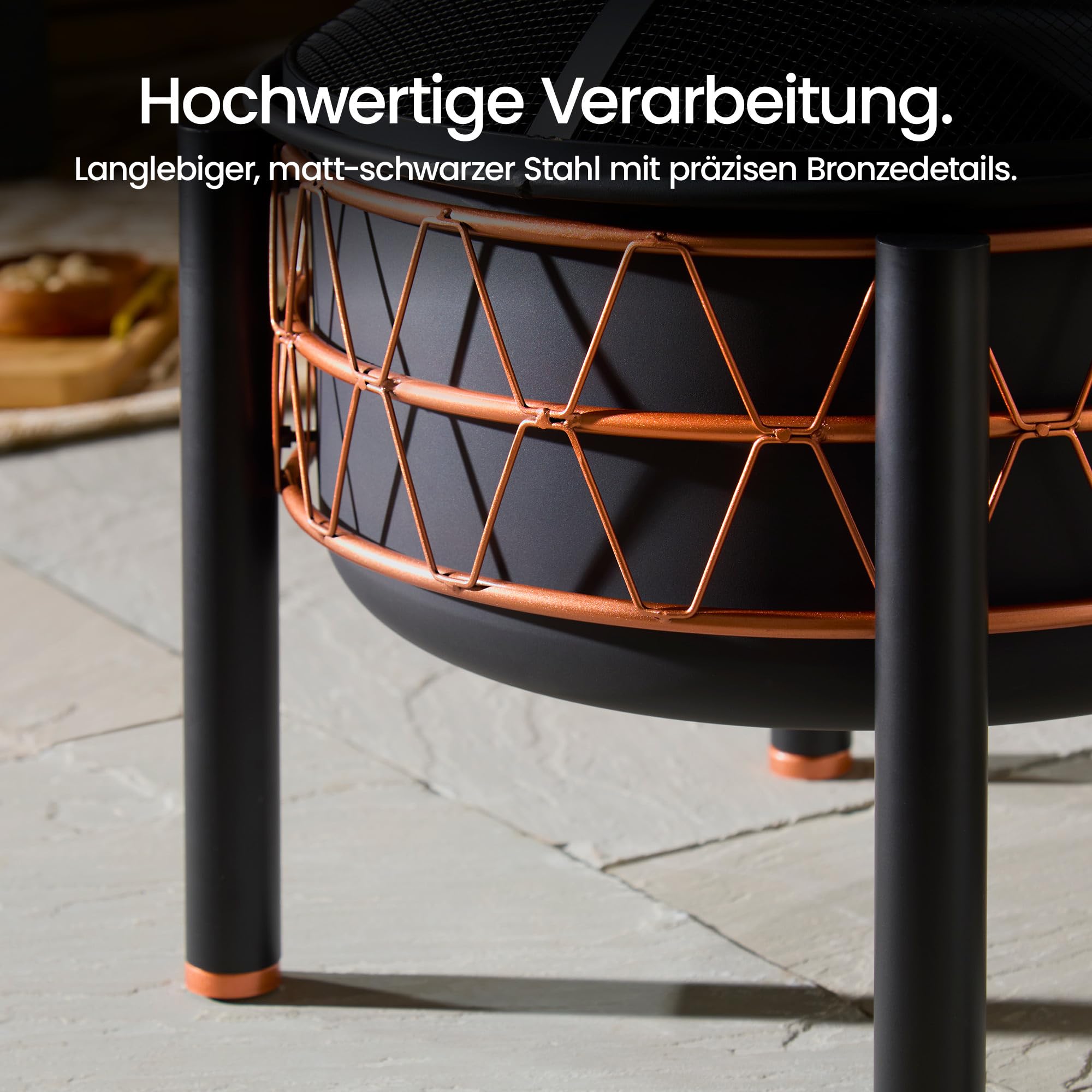 VonHaus BBQ Feuerstelle, 2-in-1 Feuerschale für Garten, Terrasse und Outdoor, Feuerkorb aus Stahl mit Kupferdetail, Feuerschale mit Funkenschutz, Schürhaken und Grillrost, Nutzbar mit Holz und Kohle