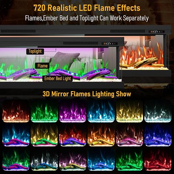 60 3 Sided 3D Mirrored Electric Fireplace with APP Control, Touchscreen & Remote, Smart WiFi Built-in Linear Fire Place Inserts 1500W Heater, 3 Groups of Lights, Crackling Sound & Timer