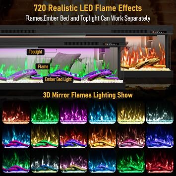 60 3 Sided 3D Mirrored Electric Fireplace with APP Control, Touchscreen & Remote, Smart WiFi Built-in Linear Fire Place Inserts 1500W Heater, 3 Groups of Lights, Crackling Sound & Timer
