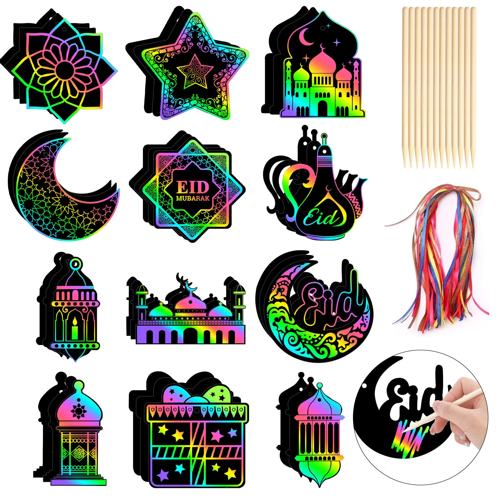 HOWAF 36pcs Ramadan Eid Scratch Art for Kids, Star Moon Lantern Mosque Shaped Rainbow Paper Decorations Ornaments Crafts Children Islamit HOWAF 36pcs Ramadan Eid Scratch Art for Kids, Star Moon Lantern Mosque Shaped Rainbow Paper Decorations Ornaments Crafts Children Islamit