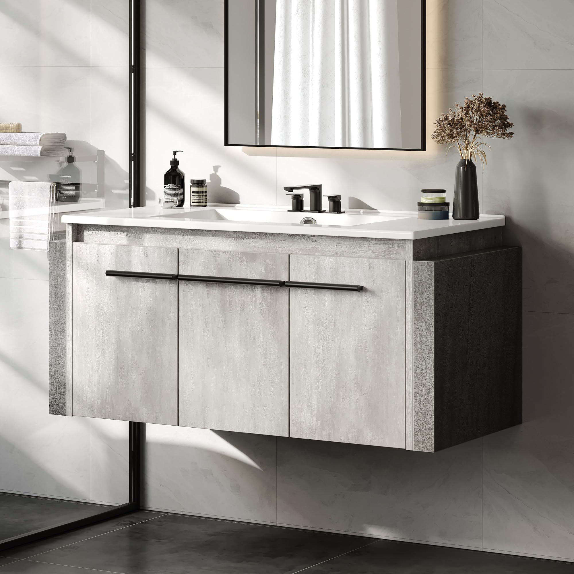 YITAHOME 36 Inch Floating Vanity Bathroom with Sink Combo, Grey Wall Mounted Modern Vanity, Bathroom Cabinet Vanity with Soft-Closing Three Extra Large Doors