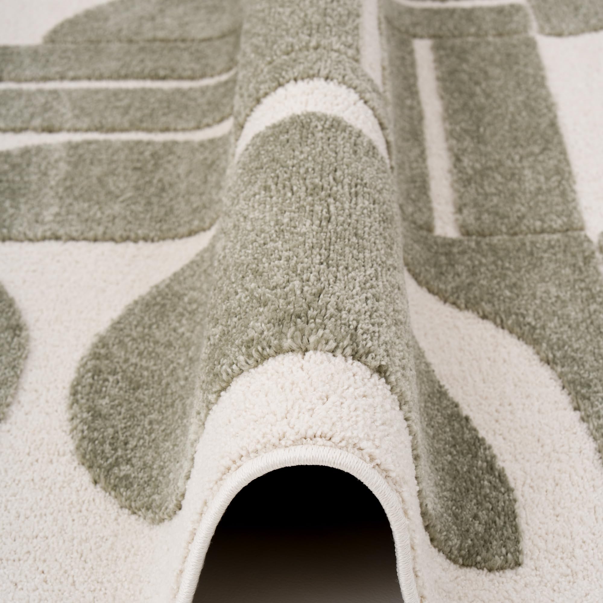 Pergamon Designer Hochflor Teppich Nosy Grün Creme – weicher Shaggy Teppich mit modernem geometrischem Muster für Wohnzimmer & Schlafzimmer
