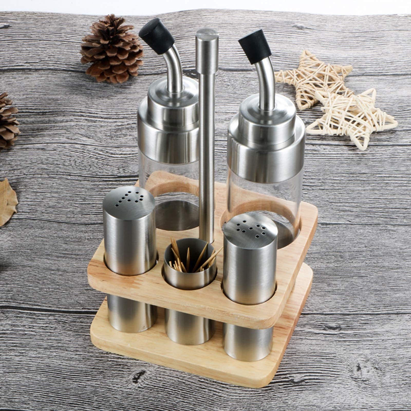 BERTY·PUYI Set Per Bottiglie Per Condimenti Con Base In Legno 5 Pezzi, Per Sale, Pepe, Aceto, Olio, Supporto Per Dispenser Aceto/Olio, Macina Sale, Macina Pepe.