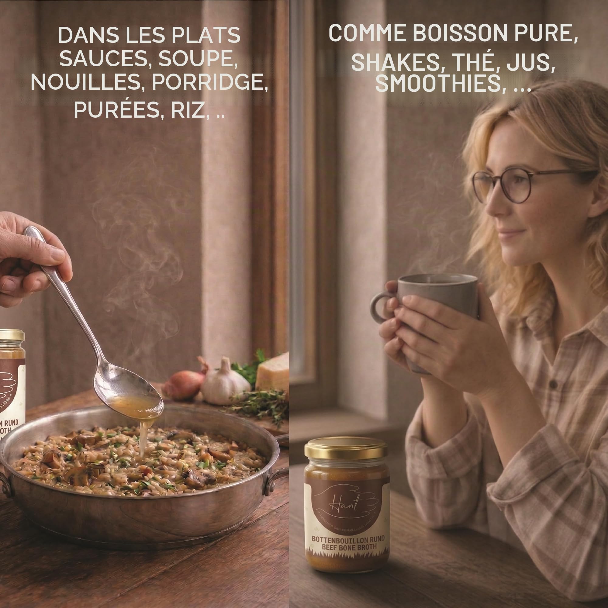HANT | Bouillon d’os de bœuf texture gélatineuse – Halal – Presque sans goût, concentré – Bone Broth – Cuit 32 heures – Collagène & nutriments – Pour cuisiner & boire – Sans OGM, sans gluten – 400 ml