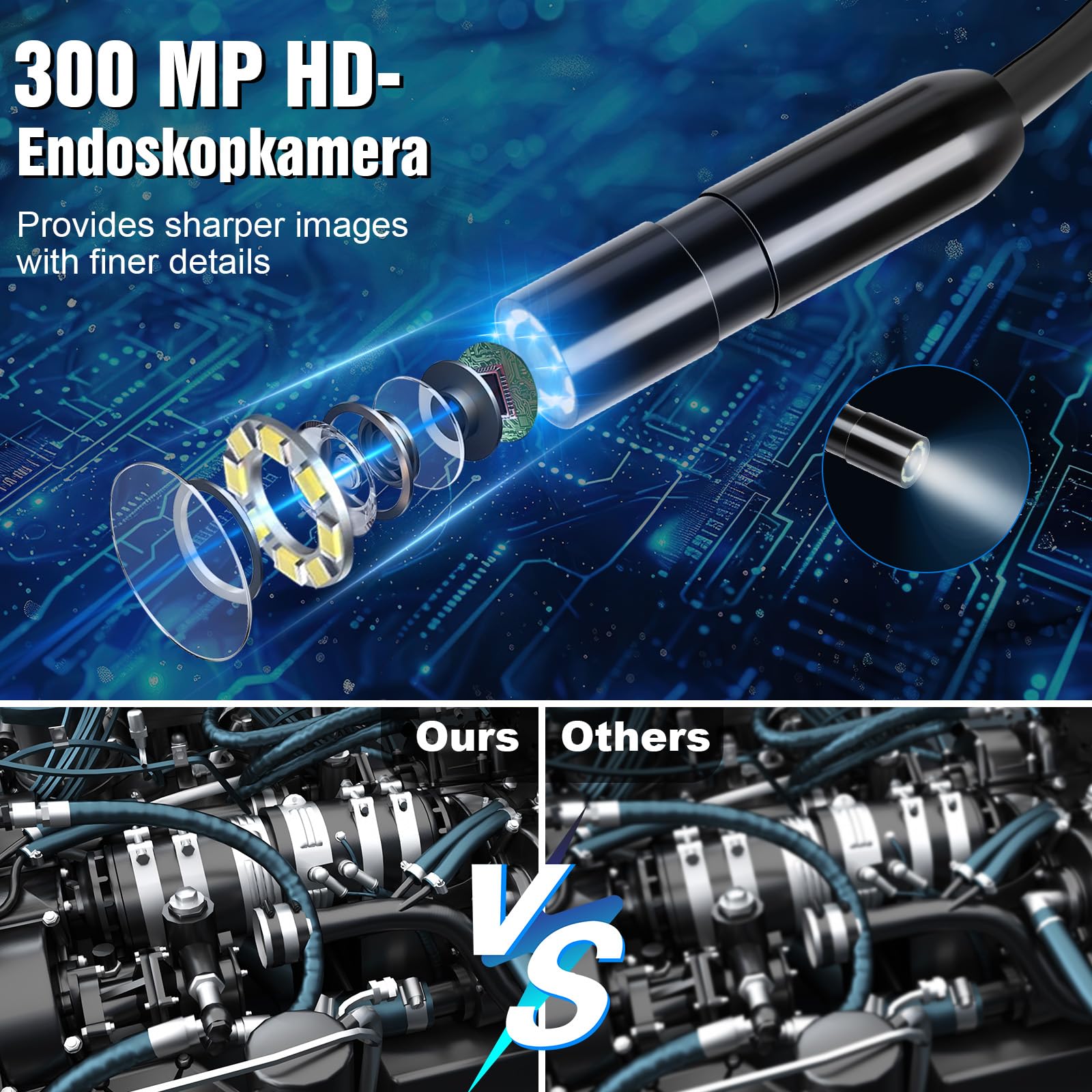 AiQInu Endoscopio per Smartphone, Telecamera Endoscopica 1920P con 8 LED, IP67 Impermeabile, Compatibile con iOS e Android, Perfetto per Ispezioni Elettriche e Manutenzione Veicoli (16.4ft/5M)