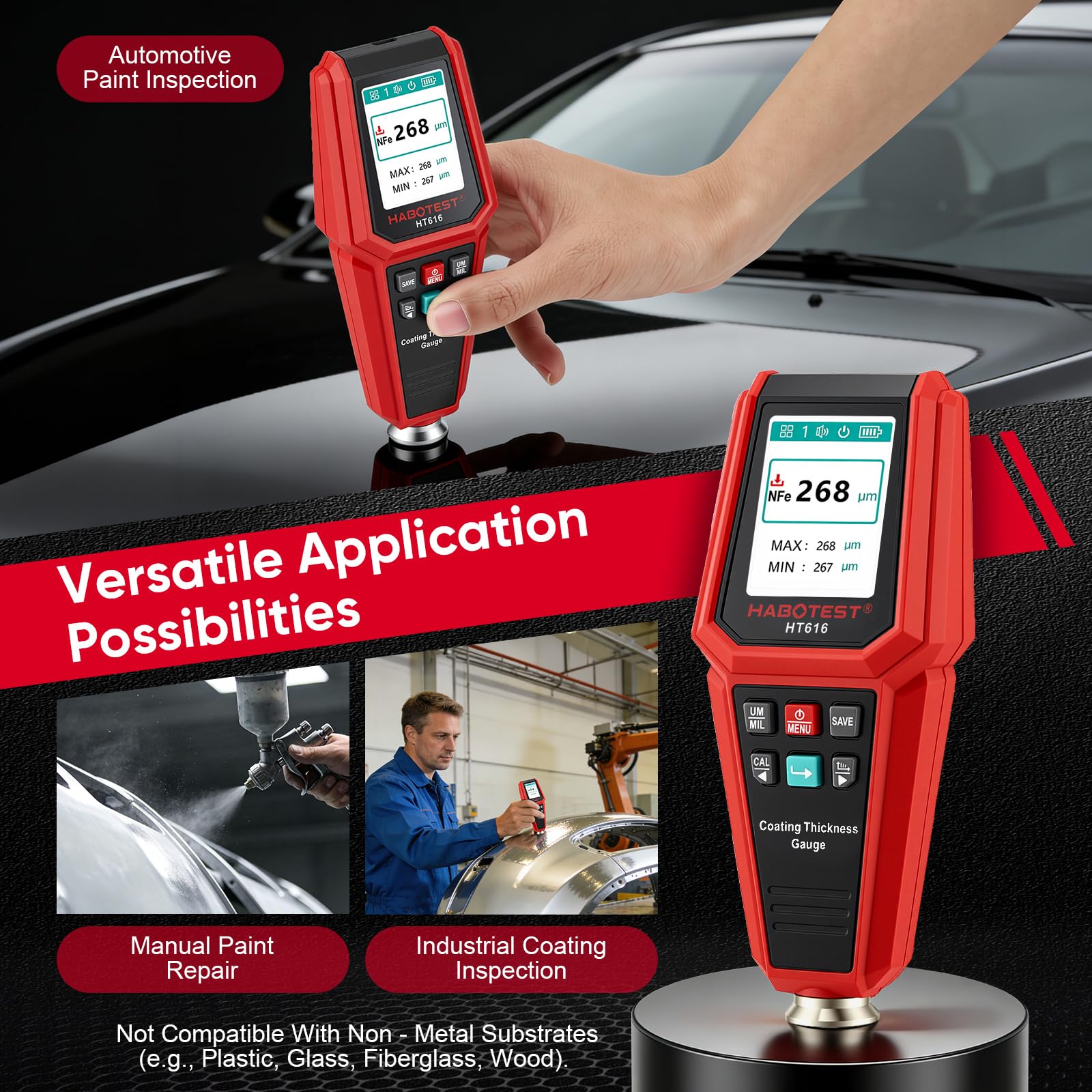 HT616 Spessimetro Vernice, Misuratore di Spessore del Rivestimento 0-1500μm, Misuratore di Vernice per Auto Fe NFe, Tester di Spessore della Vernice, Rivestimento Tester di Spessore della Vernice