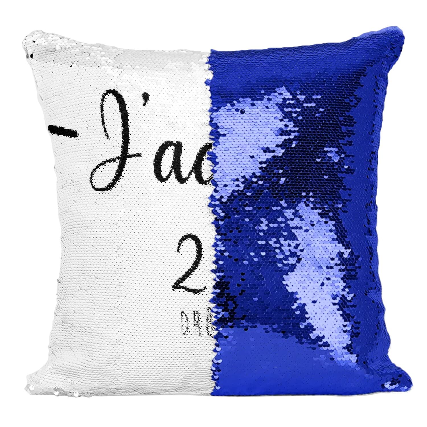 Coussin sequin bleu J'adore 26 Drome, une idee cadeau originale pour cremaillere