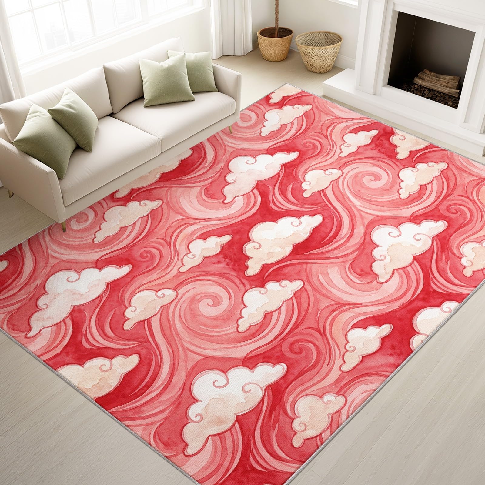 Tappeto lavabile per soggiorno, motivo astratto, acquerello, antiscivolo, romantico, nuvole, spirali, a pelo corto, per camera da letto, sala da pranzo e cucina, in morbida flanella, 80 x 120 cm, rosa