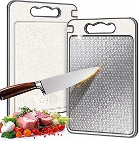 Tábua de Corte Dupla Face Aço Inox e PP para Cozinha, Antibacteriana para Carnes, Frutas e Legumes, com Afiador Integrado, Canaleta Antirrespingo, Base Antiderrapante e Alça Ergonômica