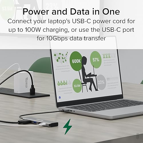 Miniatura 5 de Plugable Adaptador multipuerto USB C, 4 en 1, carga de paso de 100 W, USB C a HDMI 4K 60Hz, Hub de puerto múltiple USB para Windows, Mac, iPad Pro,