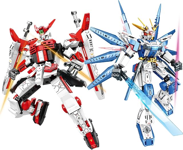 Dual Mech Building Blocks Set, Classic Red & Blue Robot Models, Compatible with Lego, Creative Action Robot Gifts Perfect for Christmas Birthday (913 Pieces)