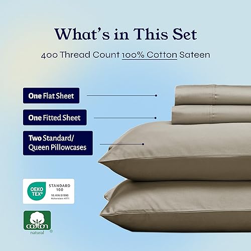 Vista 269 de Juego de sábanas de 400 hilos y 6 piezas, tamaño King, con 4 fundas de almohada, ropa de cama de 100 % algodón con tejido satinado, color azul 12