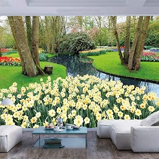 55x30 inches Wall Mural,Flower Garden in Recreation Park with Fresh Grass Field and Pond Nature Scene Peel and Stick Self-Adhesive Wallpaper Removable Large Wall Sticker Wall Decor for Home Office