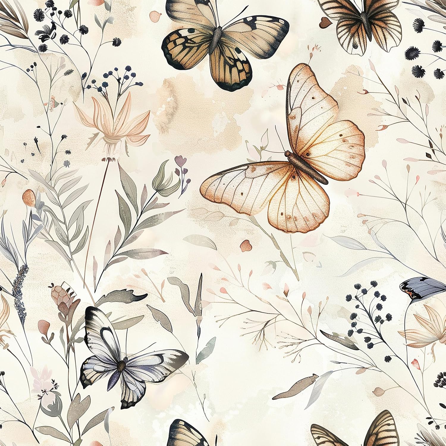 VEELIKE Boho Wildflowers Peel and Stick Wallpaper Vintage Butterflies Floral Wallpaper for Nursery Bedroom Farmhouse 17.7''x354'' Self Adhesive Removable Botanical Flower Wall Paper for Bathroom