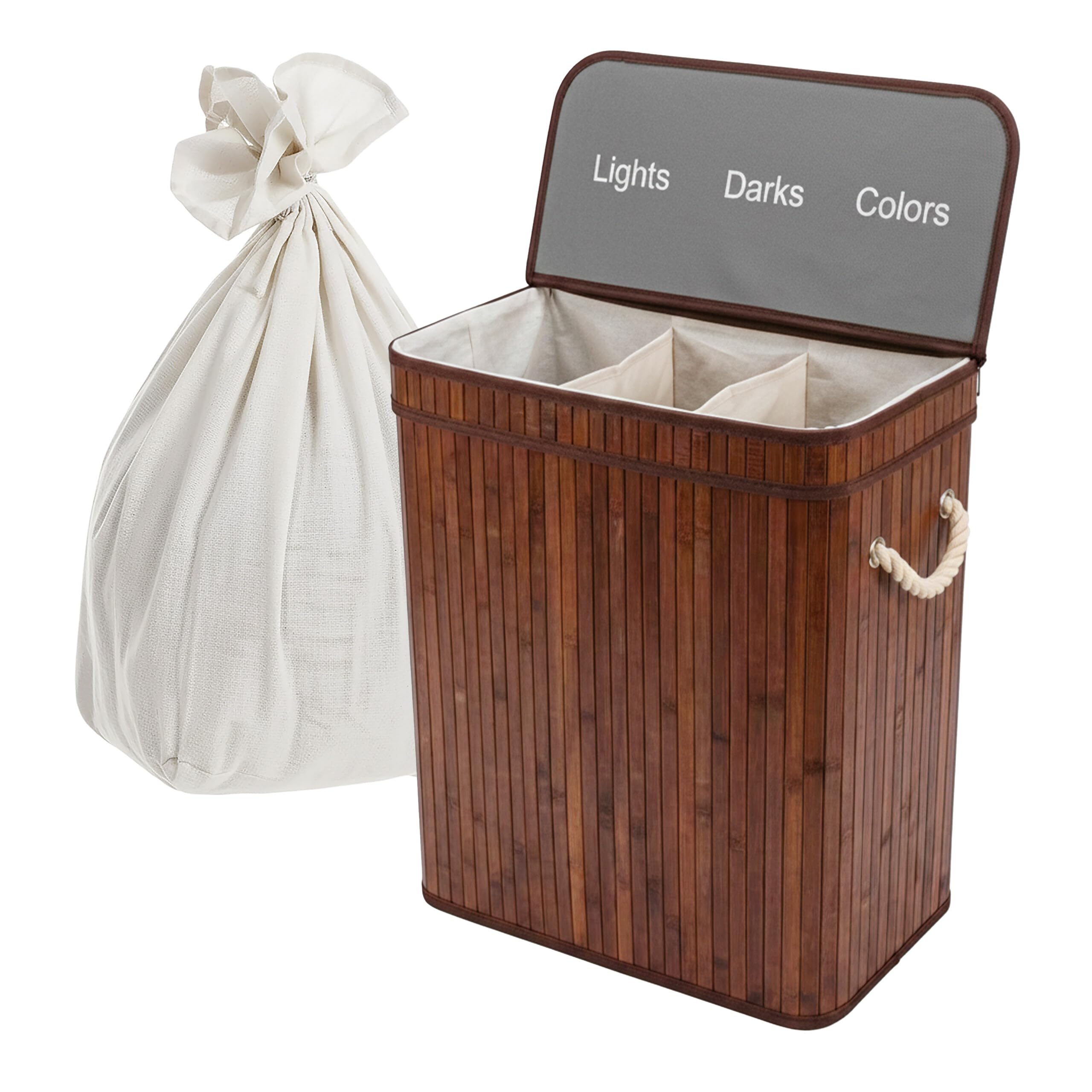 Relaxdays Wäschekorb mit Deckel, 3 Fächer, Bambus, 105 l, faltbar, HxBxT: 63x52x32 cm, Wäsche Sortiersystem, Dunkelbraun