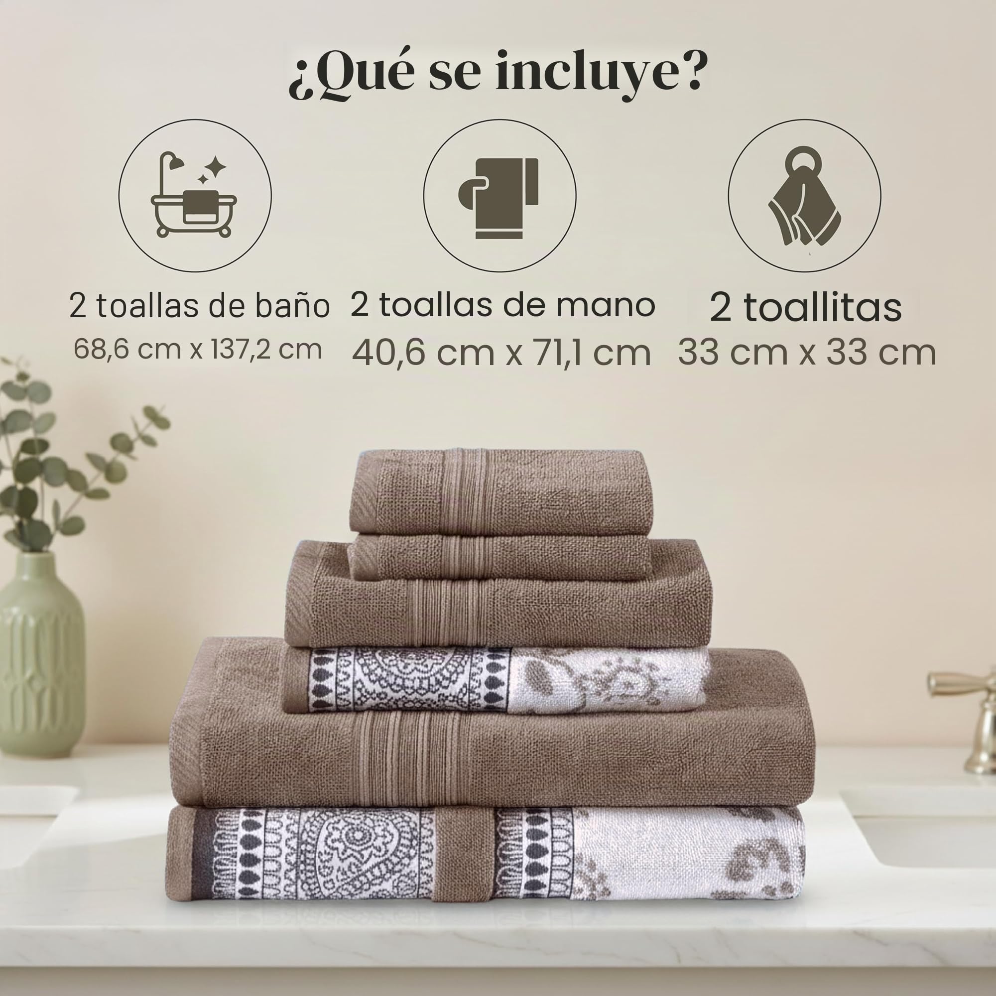 Modern Threads Juego de 6 Piezas: 2 Toallas de Baño, 2 de Mano, 2 Pequeñas - Toallas de Hilo Teñido Jacquard/Liso, Ophelia Fawn