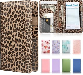 Server Book with 2 Zipper Pockets, Leather Server Books for Waitress, Waiter Book, Sturdy Waitress Book with Money Pocket and Zipper, Servers Book Waitress Accessories Server Apron, Leopard Print