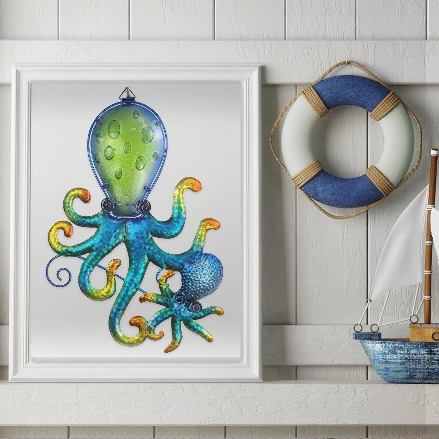COOZZYHOUR Octopus Wall art Decor, Outdoor Indoor Metal & Glass Wall Sculptures, Ocean Theme Coastal Decorations for Living Room, Bedroom, Yard, Fence and Patio