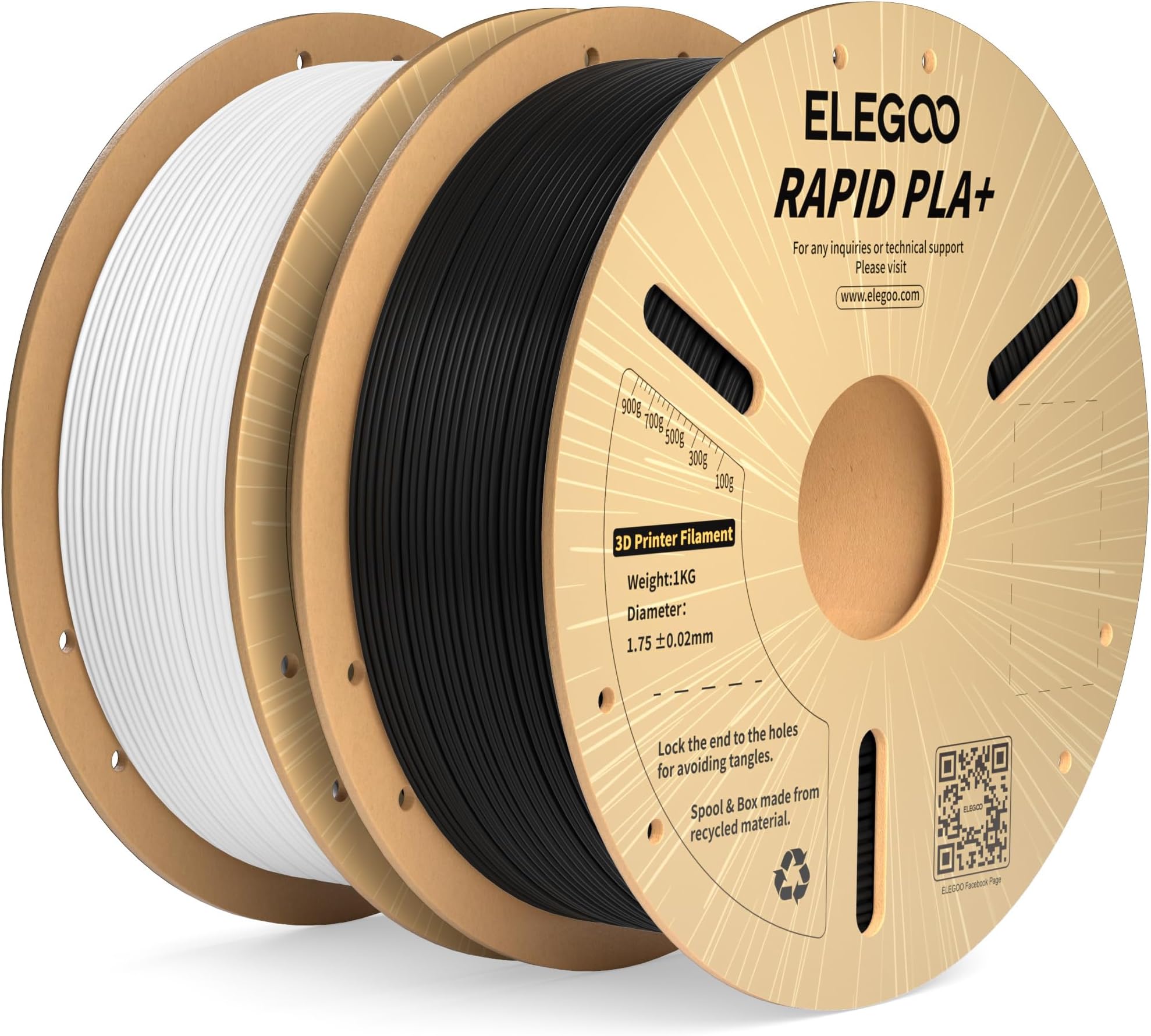 – ELEGOO Rapid PLA Plus Filament 1.75mm Black & White 2KG, PLA+ 3D Printer Filament Up to 600 mm/s High Speed Printing, Dimensional Accuracy +/- 0.02 mm, 2pcs 1kg Cardboard Spool(2.2lbs)