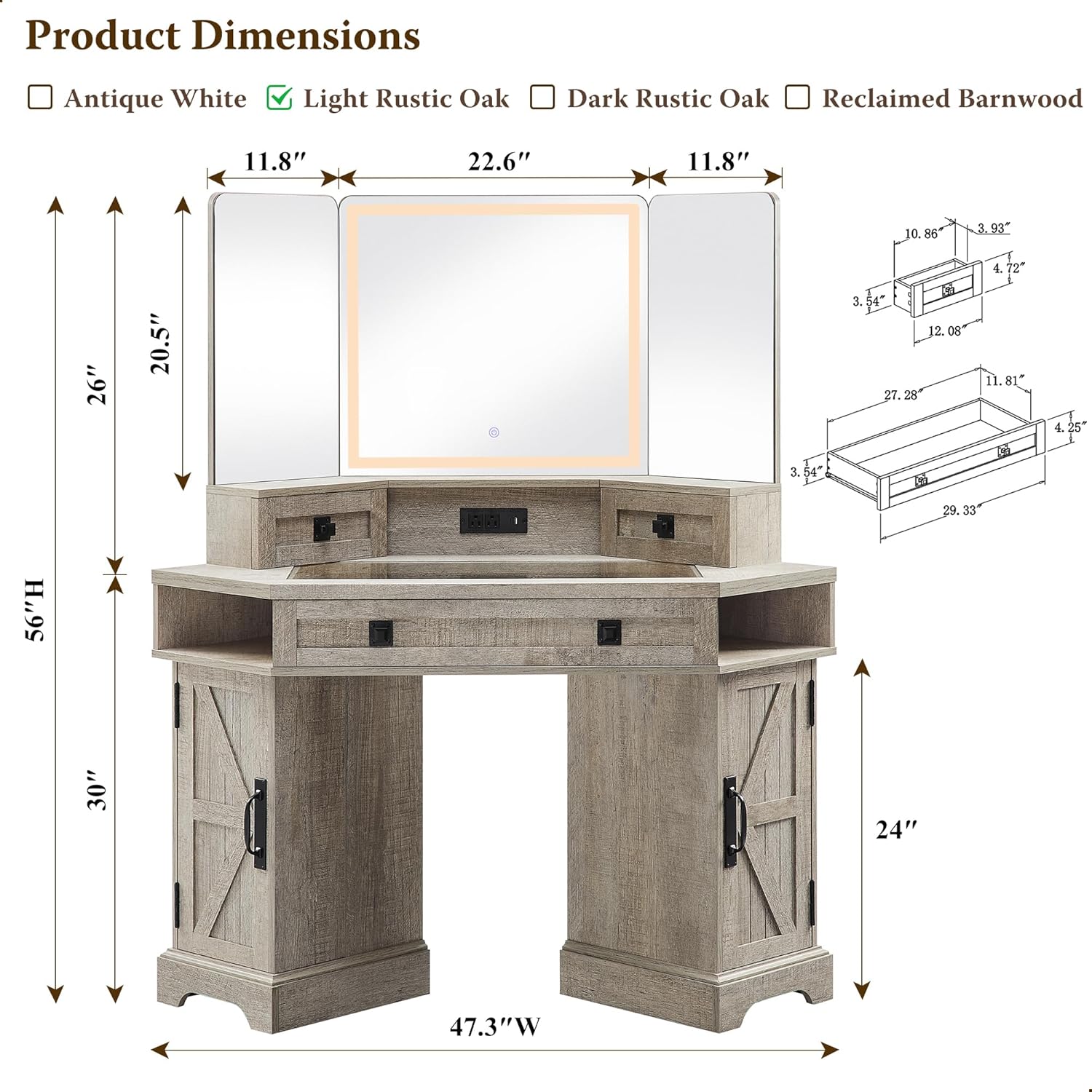 T4TREAM Corner Vanity Desk with Mirror and Lights, Makeup Desk with 3 Way Mirror and Lights, Farmhouse Vanity Table with Charging Station & Glass Top, 48" Vanity Desk with 3 Drawers(Light Rustic Oak)