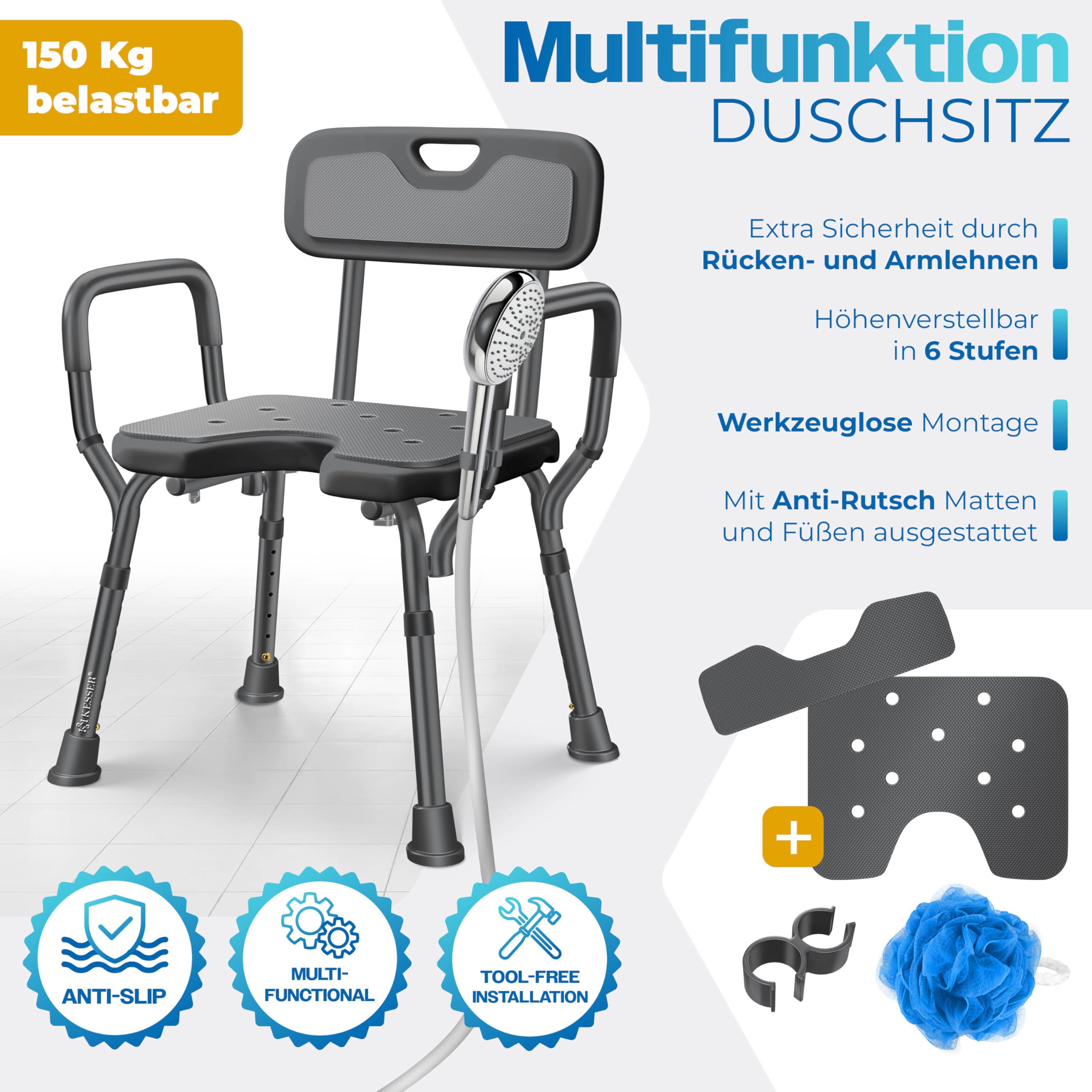 KESSER Taburete de ducha con respaldo para personas mayores y embarazadas, asiento de ducha, 150 kg, soporta 6 niveles, altura regulable 38-54 cm, ayuda para la ducha