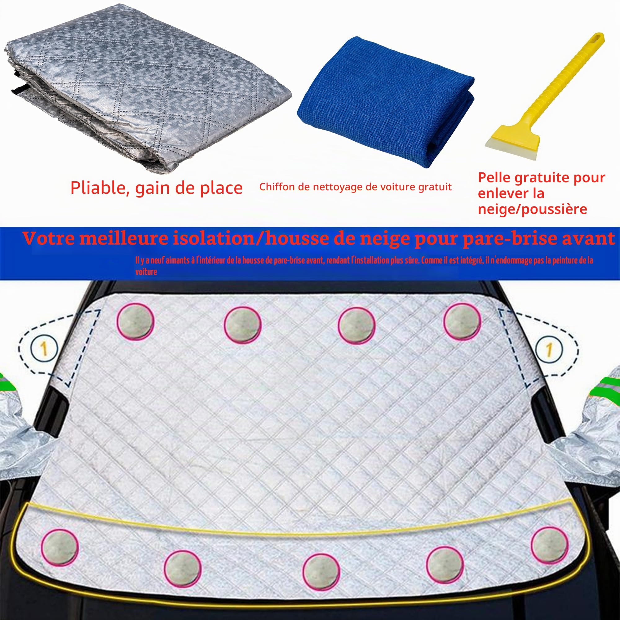 Housse de pare-brise de voiture, ultra-épaisse et pour toute la saison de protection contre les rayonnements, le soleil, la neige et le gel, 9 aimants pour protection des vitres de voiture, 190 cm x