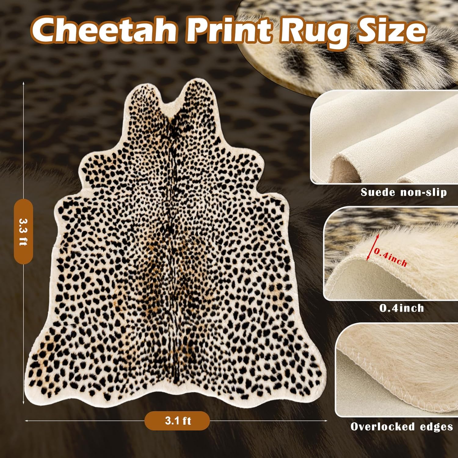 Leopard Rug Cheetah Print Area Rug 3.3'x3.1' Washable Faux Cowhide Animal Print Rug for Living Room Bedroom Home Decor