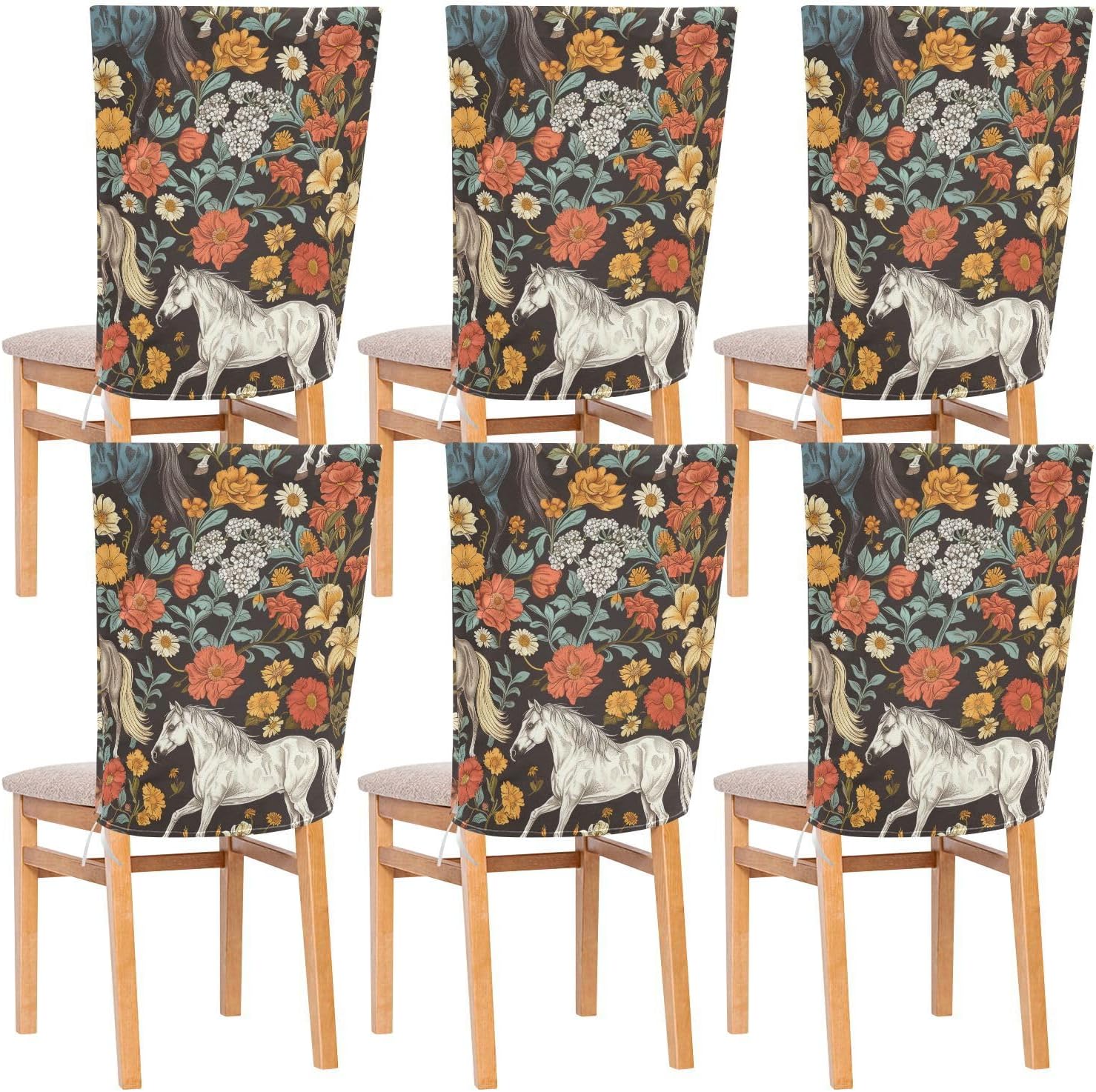 ALAZA Cute Flowers and Horses Chair Back Cover Set of 6, Washable Reusable Removable Chair Slipcovers Decorative Chair Cover for Home Kitchen Wedding Party