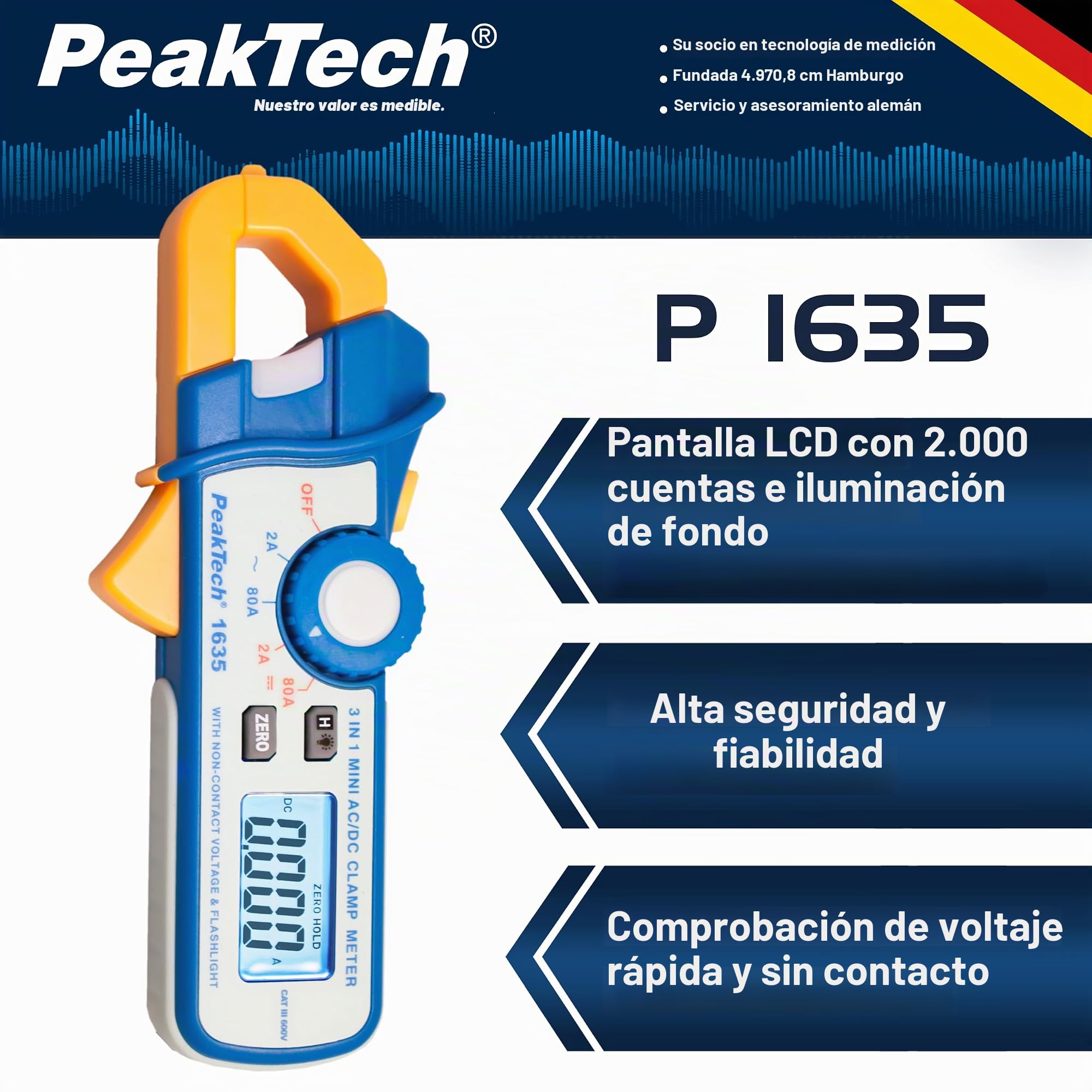 PeakTech P 1635 P 1635 - Alicates de corriente de fuga y tenazas de corriente de fuga, con resolución de 1 mA y NCV, 1 pieza, P 1635