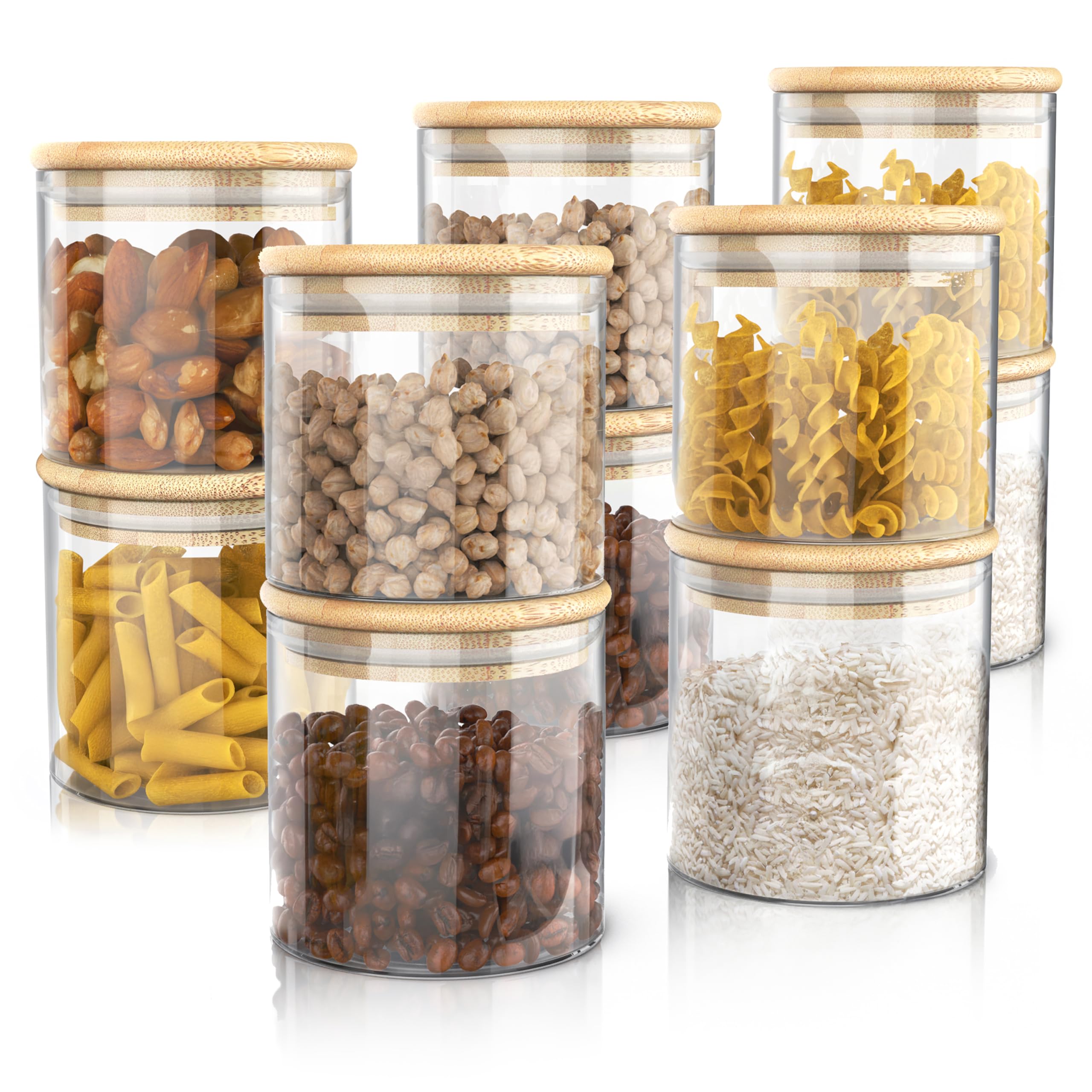 Arendo - Vorratsgläser mit Deckel - 10er Set - Behälter aus Glas – hitzebeständig – Vorratsdosen mit Bambusdeckel - luftdicht - für Müsli Zucker Mehl Kaffee Reis