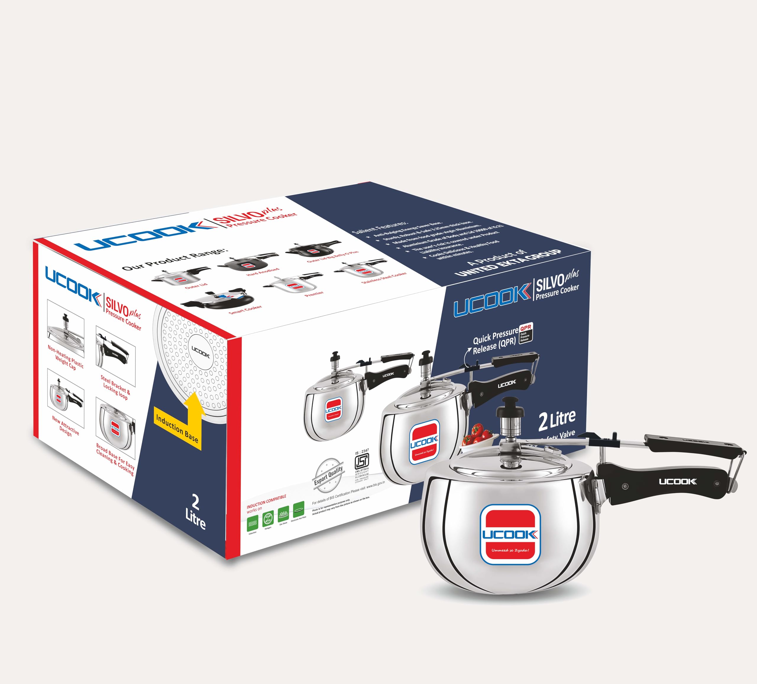 UCOOK Silvo Plus Oval Induction Base Aluminium Pressure Cooker, 2 Litre, Silver