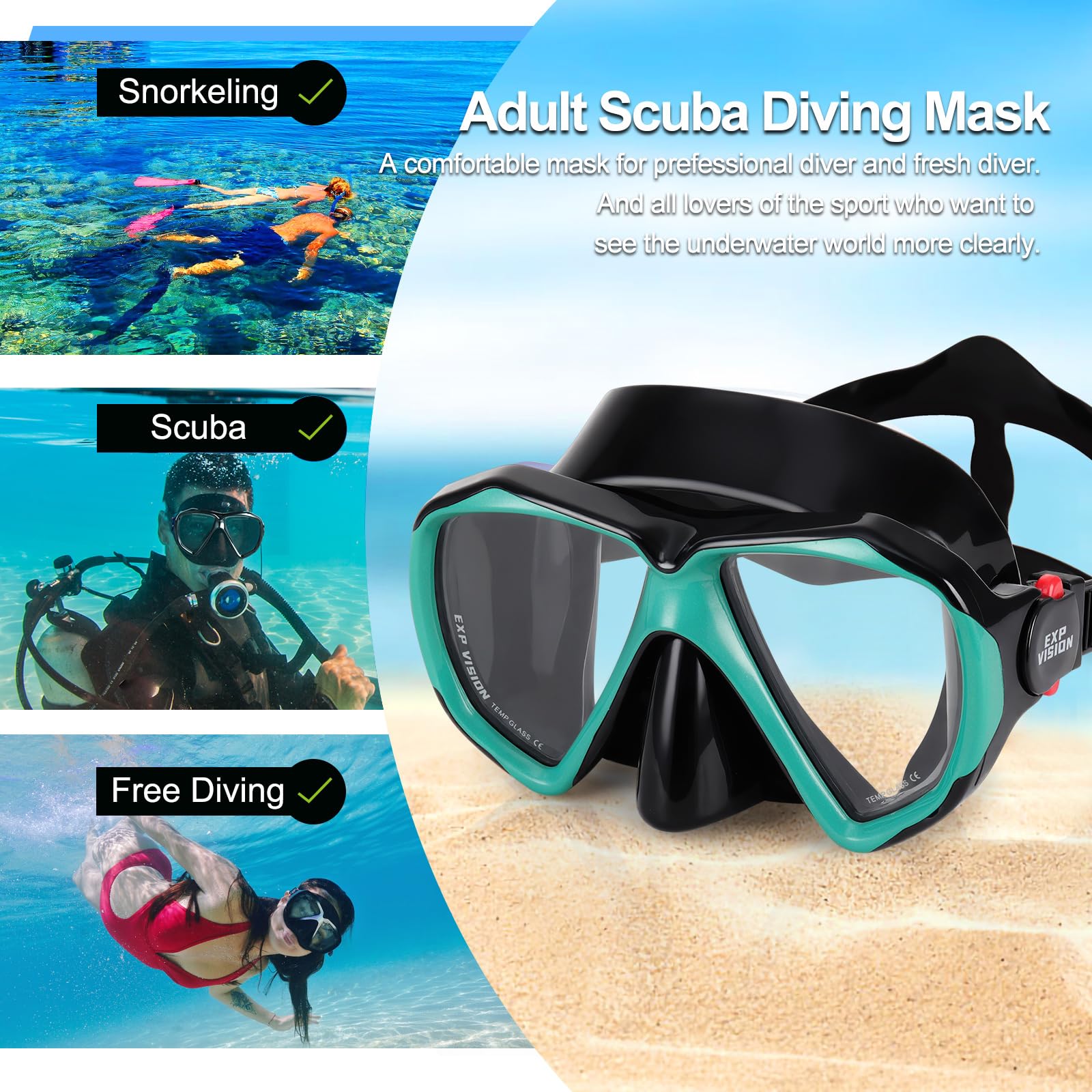 Schnorchel-Tauchmaske, Panorama-HD-Schwimmmaske, Anti-Beschlag-Tauchbrille, gehärtetes Glas, Tauchmaske für Erwachsene, Jugendliche, Schwimmbrille mit Nasenabdeckung zum Tauchen, Schnorcheln