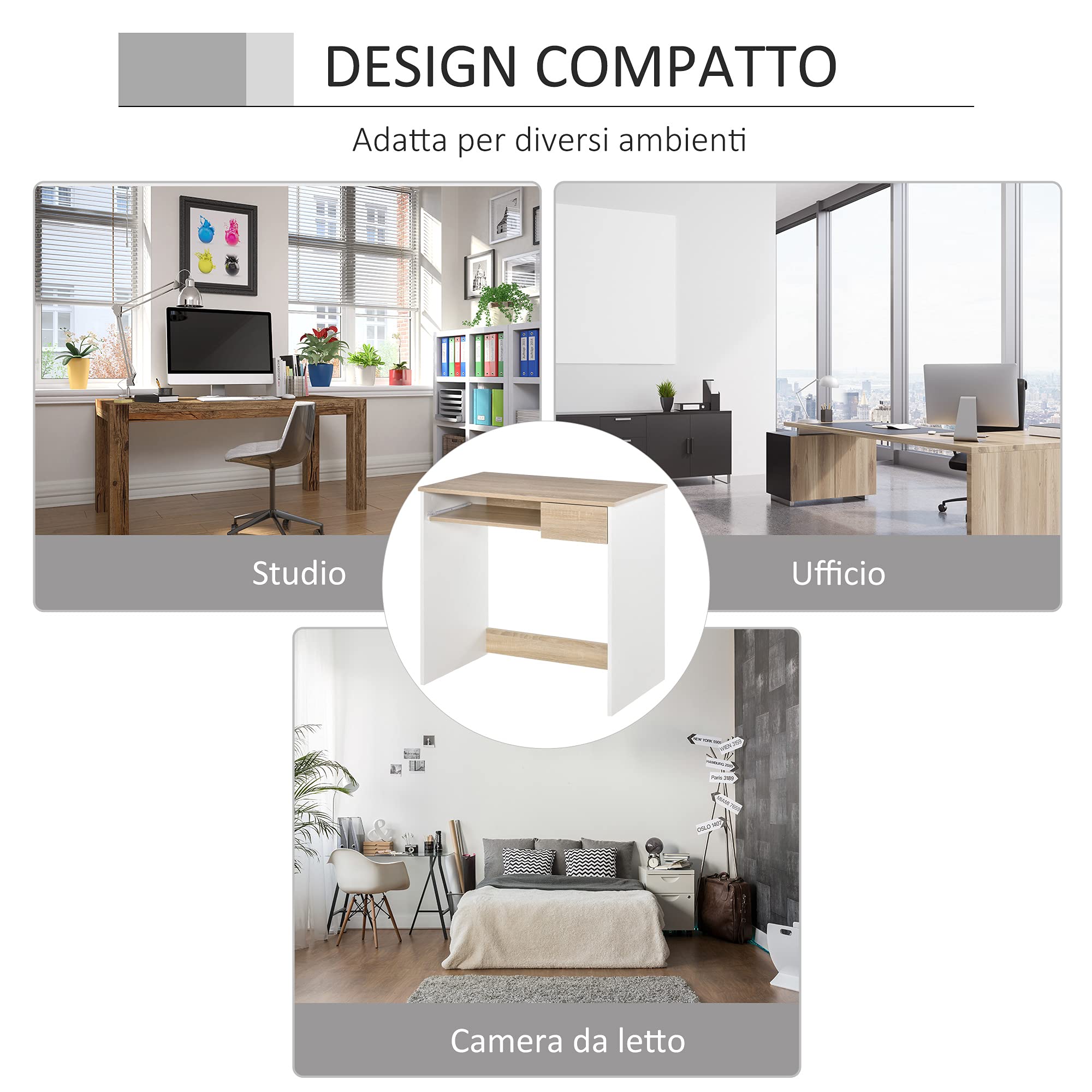 HOMCOM Scrivania Ufficio, 80x45x75 cm Scrivania Salvaspazio con Vassoio Tastiera, Cassetto per Documenti, Tavolo Computer per Casa Studio Ufficio, Rovere e Bianco
