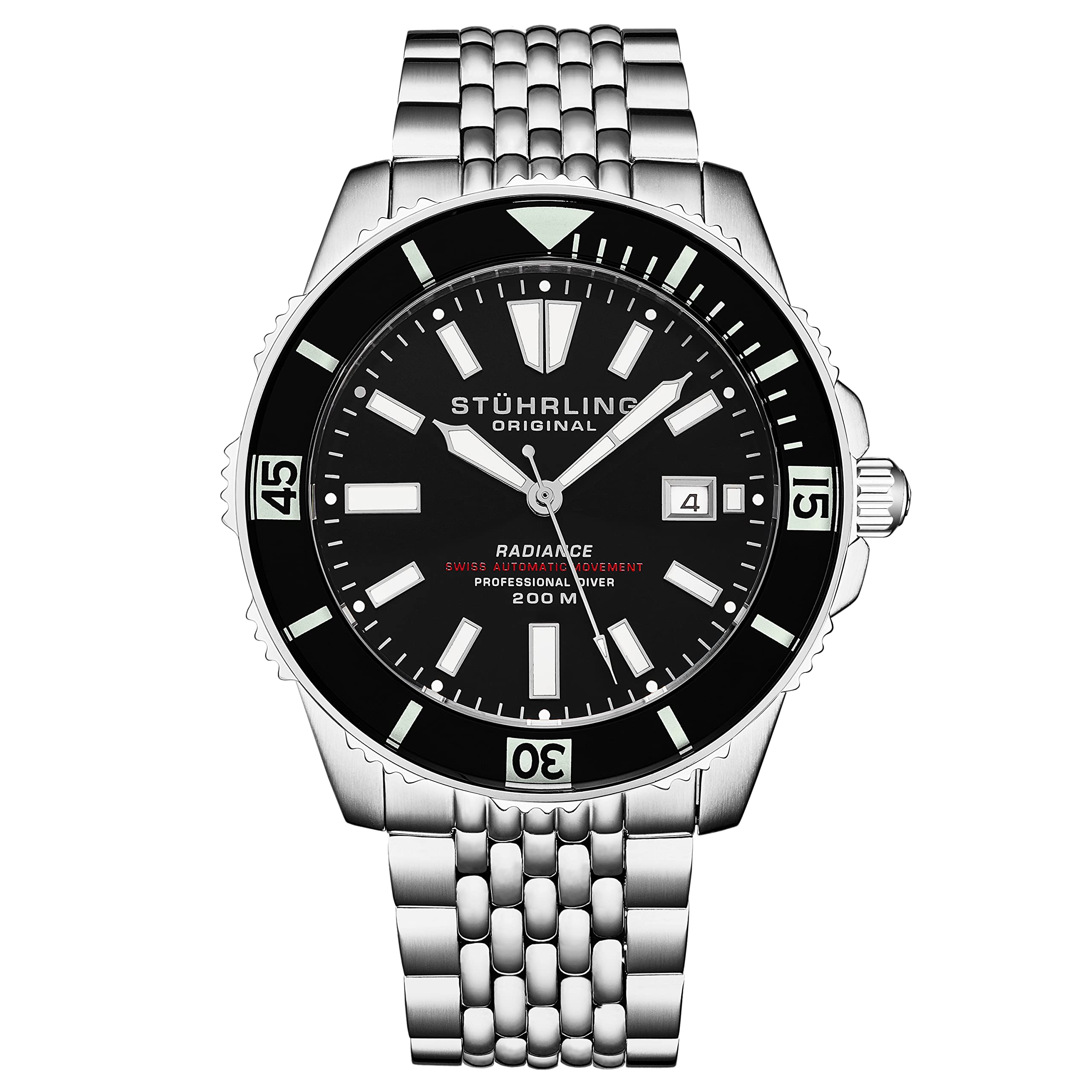 Stuhrling Original Mens Automatic Dive Watch with Swiss Movement, Silver Stainless Steel Case, Stainless Steel Beaded Bracelet, Black, Classic (B09P45ZPQL) Amazon Price History, Amazon Price Tracker