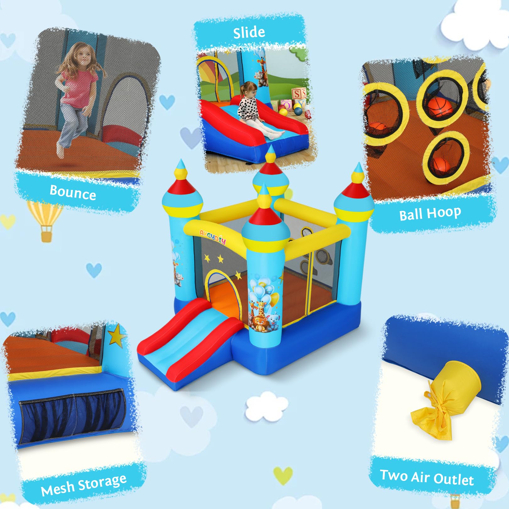 Château Gonflable pour Enfants avec Toboggan, Souffleur, Parc Zoologique Bleu, Château Gonflable pour Enfants avec Souffleur Et Tir De Balles, Maison Gonflable Intérieure/Extérieure (Bleu)