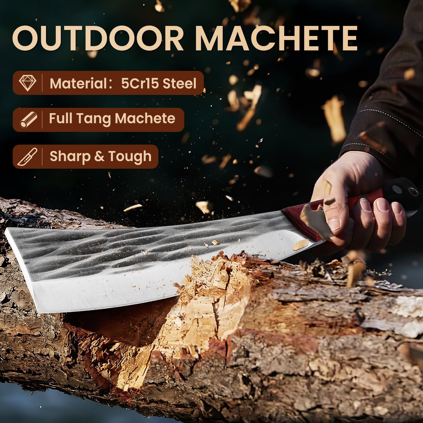 Freelander Machete Outdoor Survival Messer, 5Cr15 Jagdmesser Feststehende Klinge, Großes Outdoor Messer für Wald mit Scheide, Bushcraft Messer Full Tang Schwarz und rot gespleißter Holzgriff