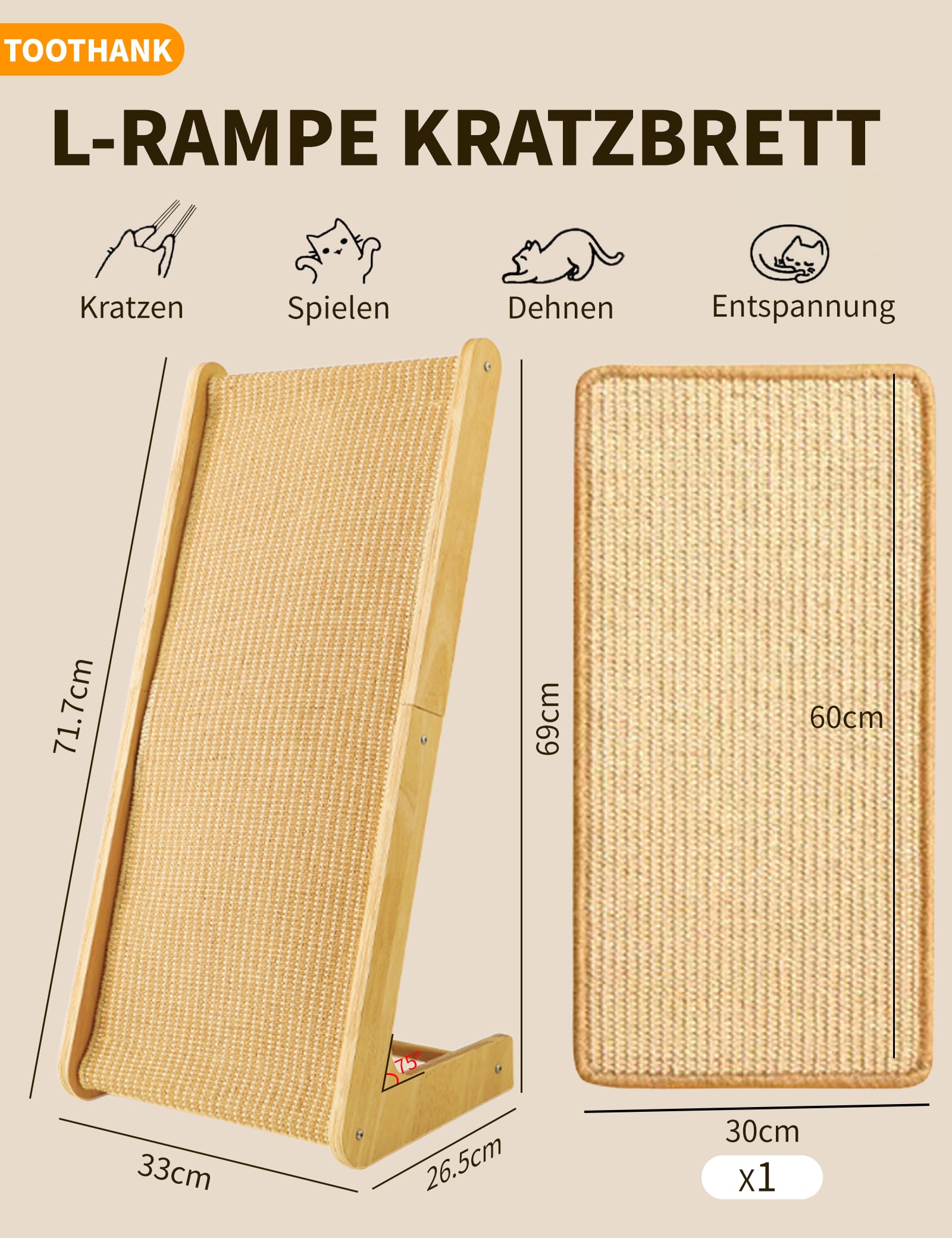 Kratzbrett Katzen, Large 69cm H, Sisal Kratzbrett Katze, Massives Holz & Natürliches Sisal Katzen kratzmatte, Katzen kratzmöbel für Wohnzimmer/Schlafenzimmer, Schützt Möbel vor Katzenkratzen