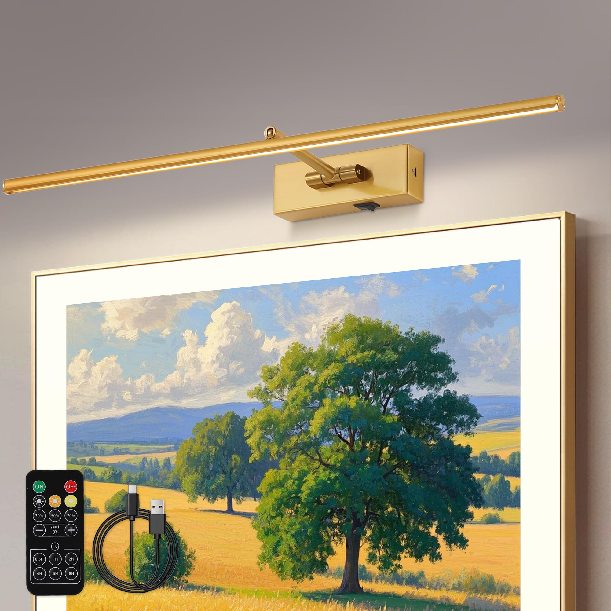 Lampe murale dorée à piles avec télécommande sans fil 3CCT à intensité variable pour peintures, 3 couleurs, rechargeable, décoration de galerie, éclairage d'œuvre d'art pour fonction minuterie de